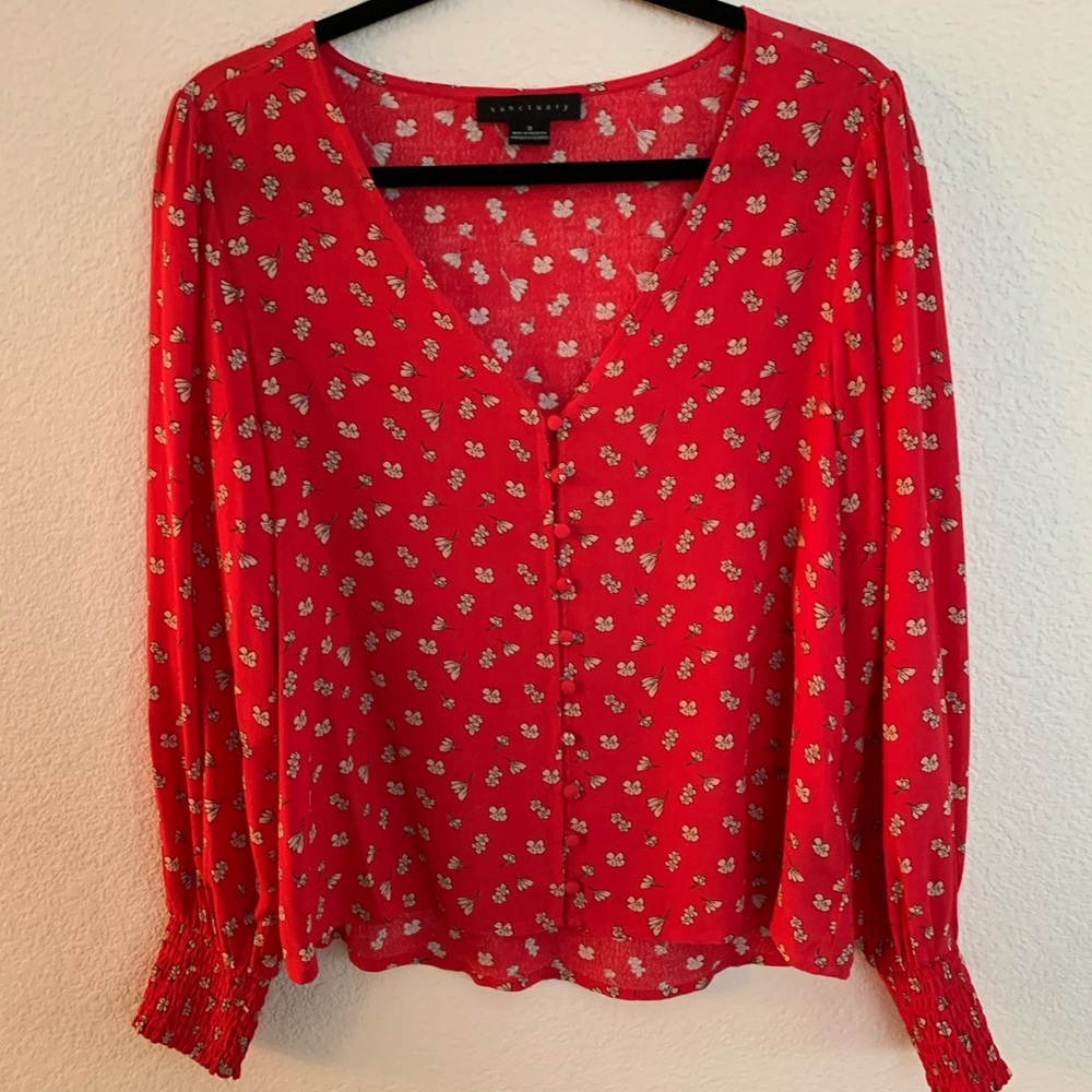 Valentines Day!!!  Super cute Sanctuary Red Floral V-Neck Blouse. Size Small
